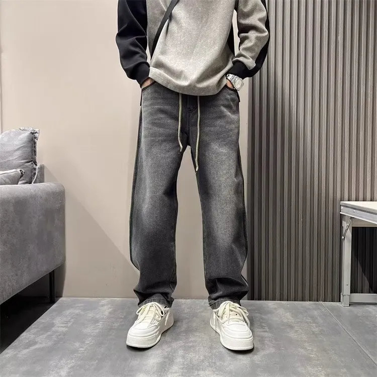 高街痞帅秋季新款牛仔裤磨白水洗直筒长裤百搭阔腿男士抽绳牛仔裤