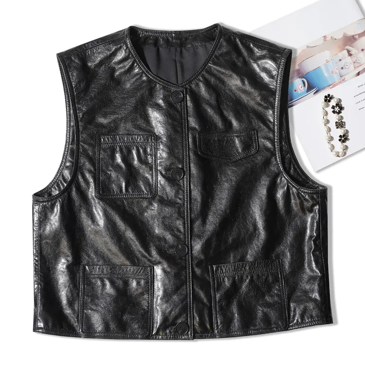 翡翠油蜡真皮马甲背心女士绵羊皮时尚短款海宁2025秋冬新款外套