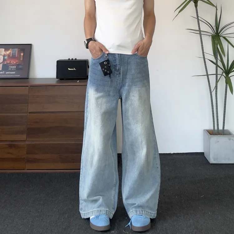 美式复古水洗做旧牛仔裤男女dirtyfit喷脏宽松阔腿直筒裤子潮