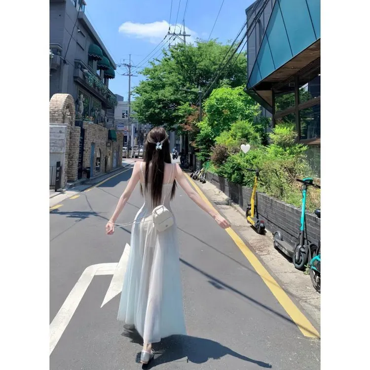 白水女人鱼公主  薄荷绿网纱连衣裙女新款氛围感显瘦裙子 有胸棉