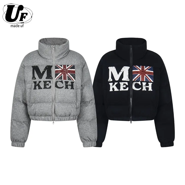 猫柚ljyUF 原创国潮美式复古立领棉服外套旗帜印花女款短款保暖棉衣外套