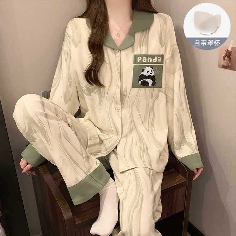 熊猫睡衣女带胸垫春秋款绵柔长袖开衫高级感条纹套装秋冬季家居服