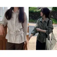 一三良品小个子 设计感收腰亚麻翻领衬衫女通勤休闲宽松上衣T5786