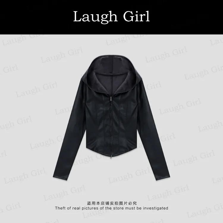 楚楚君 Laugh girl【小腰精】连帽修身显瘦双拉链皮衣外套WL531072J