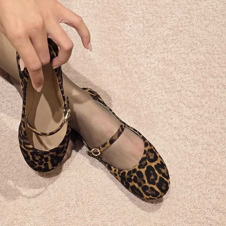 游今希~性感新款豹纹单鞋女春一字扣芭蕾平底鞋软底玛丽珍鞋瓢鞋