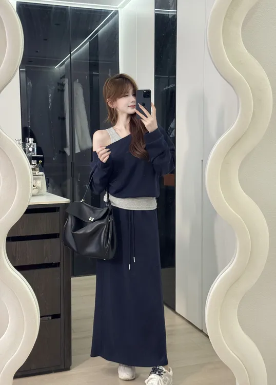 【时髦旅人】通勤气质斜肩拼接假两件➕高腰垂感开叉显瘦半身裙套装