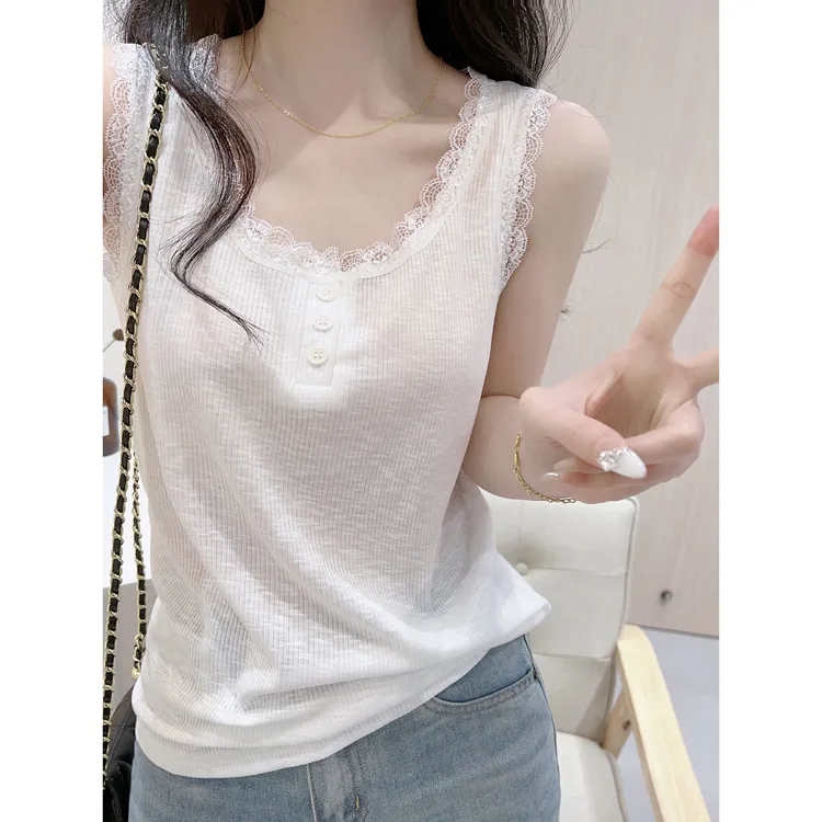 薄款蕾丝花边纽扣背心女夏季白色韩系温柔百搭雪花棉外穿打底吊带