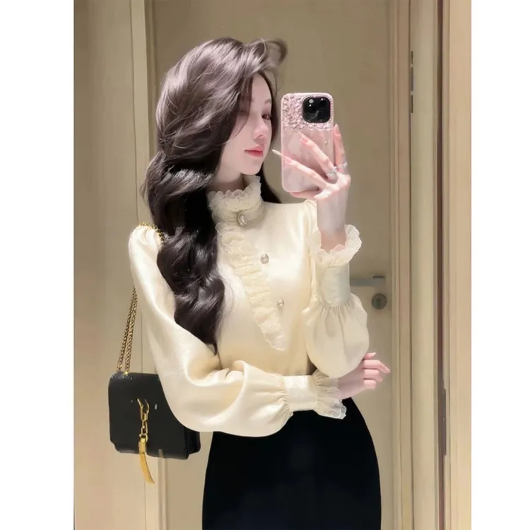 香槟色立领蕾丝拼接衬衫女秋冬新款设计感洋气高级轻奢小衫上衣潮