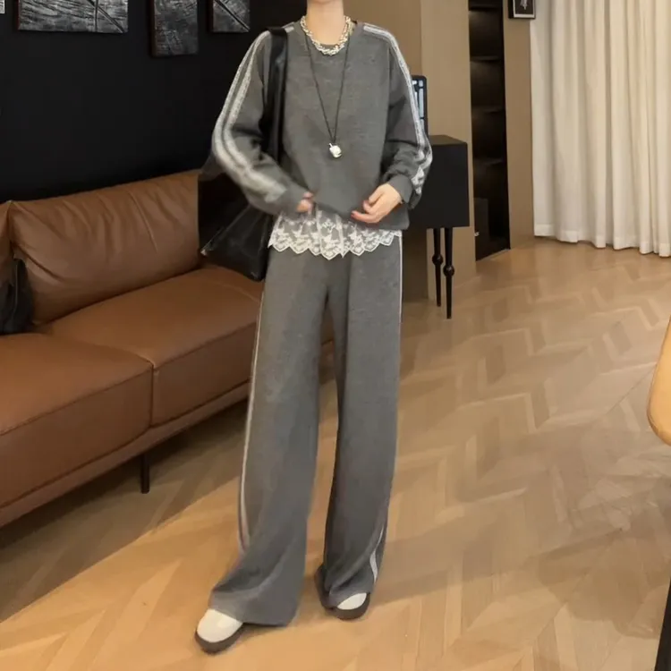 早春时尚新款套装蕾丝下摆拼接卫衣休闲卫衣两件套女LK2501563