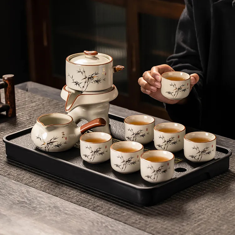 汝窑半自动茶具套装家用石磨泡茶壶功夫茶杯2024新款懒人泡茶神器
