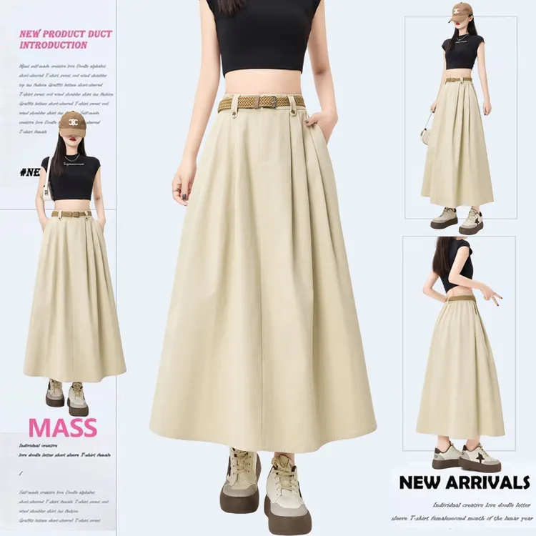 复古洗水棉百褶半身裙女夏季松紧高腰显瘦垂感中长款a字大摆伞裙