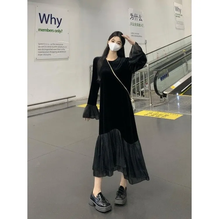中国风网纱套头显瘦收腰女连衣裙中长款新款秋圆领鱼尾裙金丝绒拼