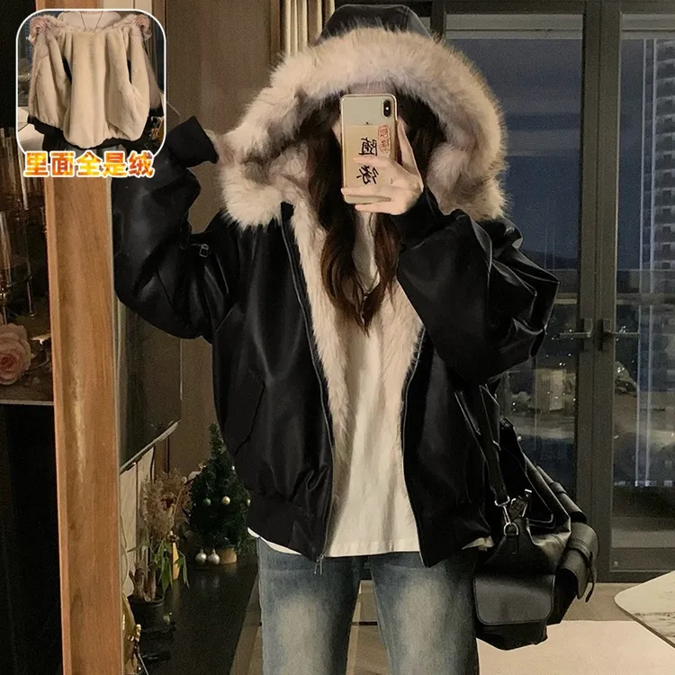 加绒加厚座山雕女皮衣保暖毛绒棉衣服女连帽宽松外套