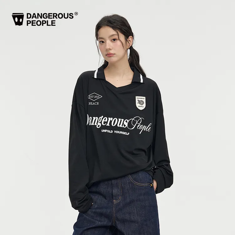 Dangerouspeople薛之谦dsp美式字母印花polo衫休闲慵懒风长袖T恤