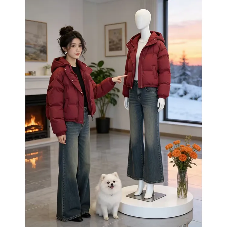 连帽短款红色棉服女冬季2025新款时尚高级感加厚保暖休闲百搭外套