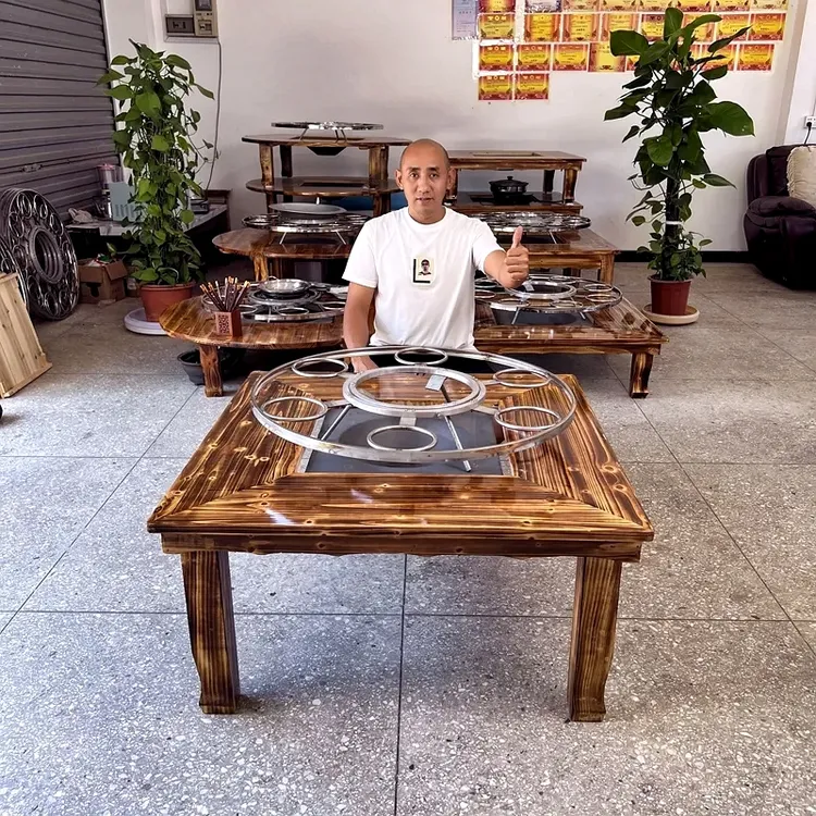 农家乐农村餐馆打边炉围炉桌炭盆桌地摊火锅桌不锈钢旋转火锅架桌