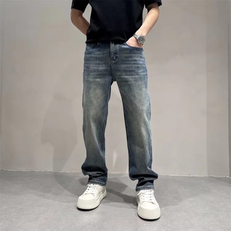 韩系流行四面弹力复古水洗小直筒牛仔裤男士秋冬加绒加厚百搭长裤