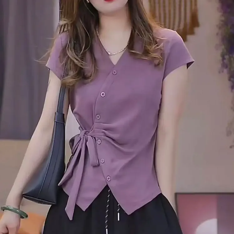 2025夏季时尚女装短袖T感百搭显瘦小衫V领上衣