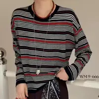欧洲站2025早秋新款圆领撞色条纹长袖宽松百搭显瘦针织套头女4218