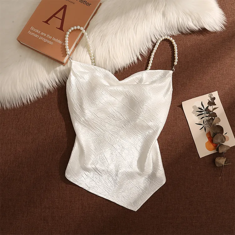 法式不规则珍珠吊带背心女夏季新款性感美背弹力打揽小众无袖上衣