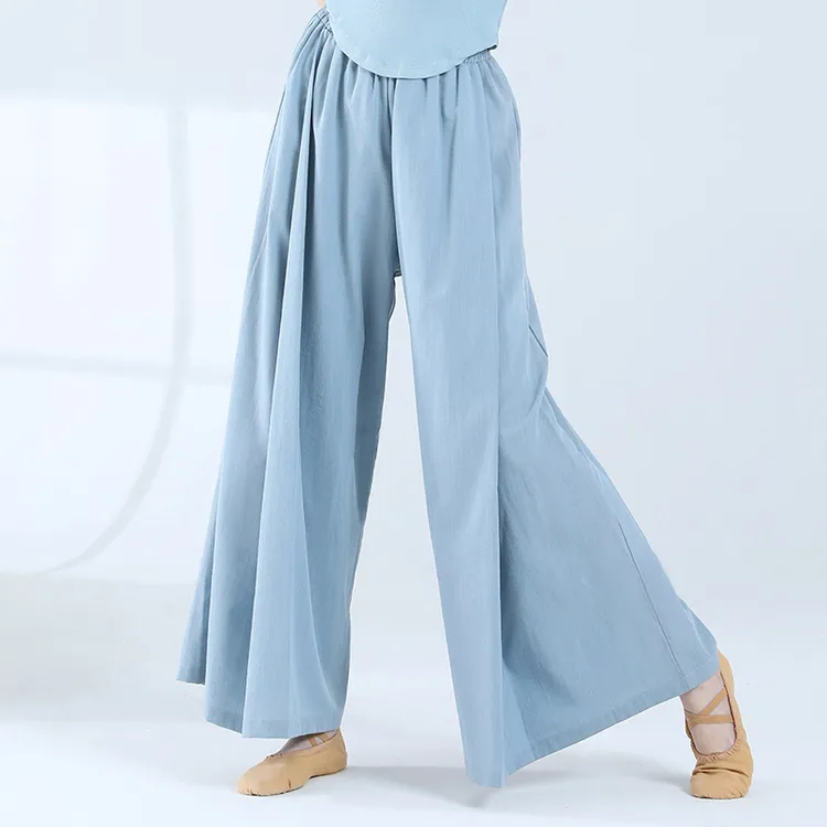 [简约大气-国风棉麻收褶宽松显瘦瑜伽阔腿裤]运动普拉提舞蹈长裤