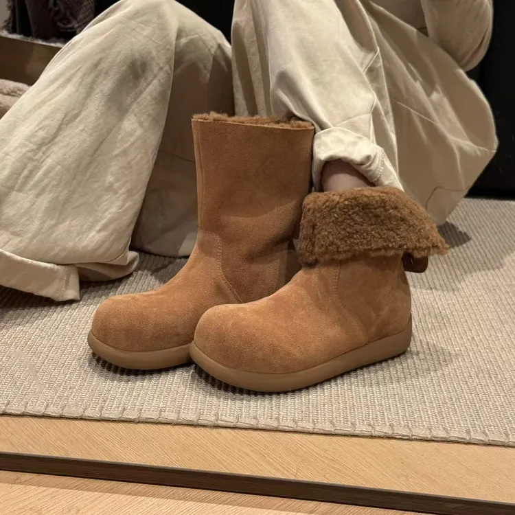 羊羔毛两穿软皮版小土豆加绒勃肯短靴雪地靴丑萌皮毛一体保暖棉鞋