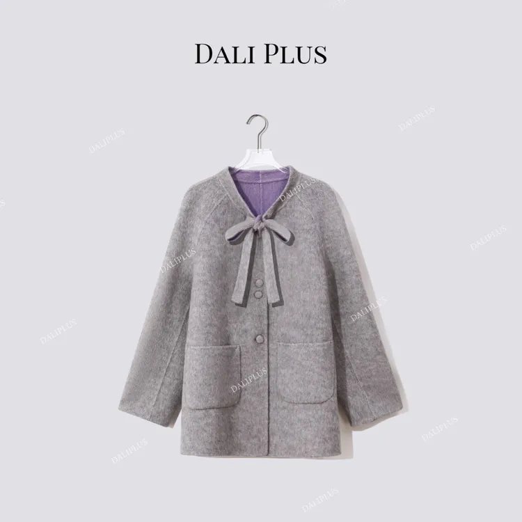 DALI PLUS灰黛”双面双色呢大衣蚕丝兔毛系带蝴蝶结外套-D5MM2475