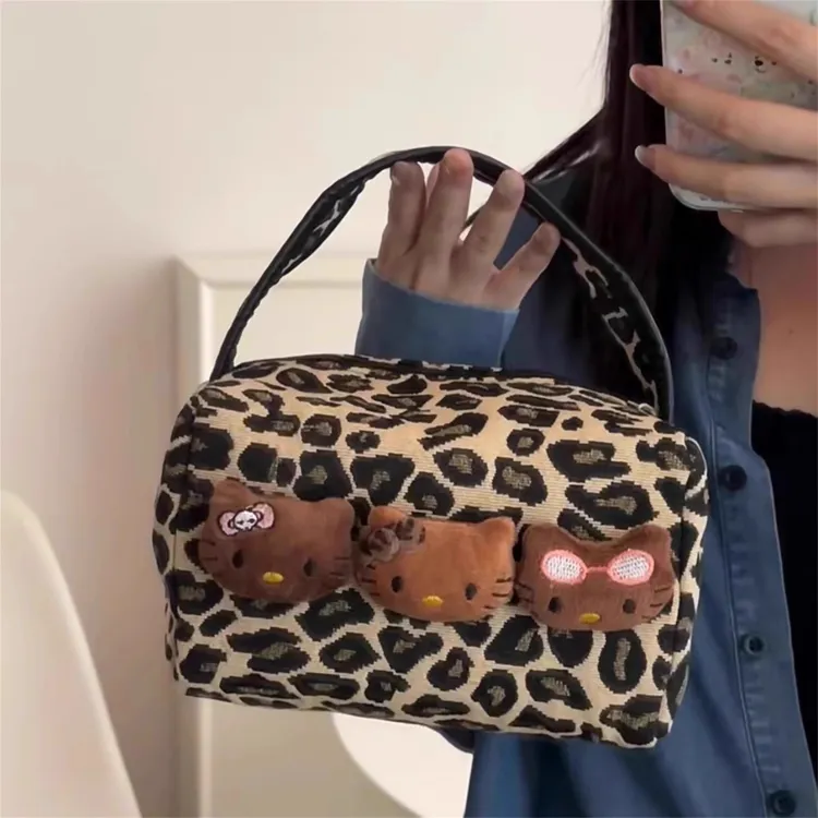 黑皮豹纹kt化妆包大容量旅行便携手提包女2025新款流光风收纳包