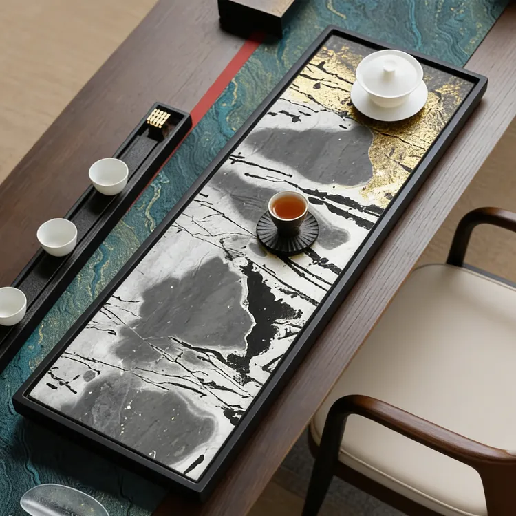 新中式国画石干泡茶台长方形天然石材茶盘高级感茶海轻奢简约大气