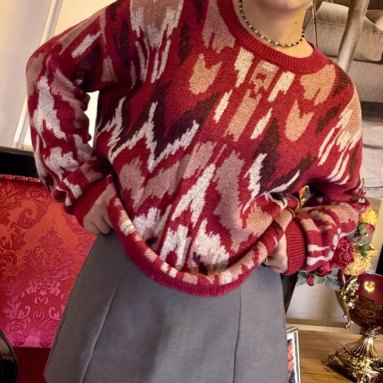 Atlas虎皮卷毛衣复古提花圆领针织衫小众设计感女上衣