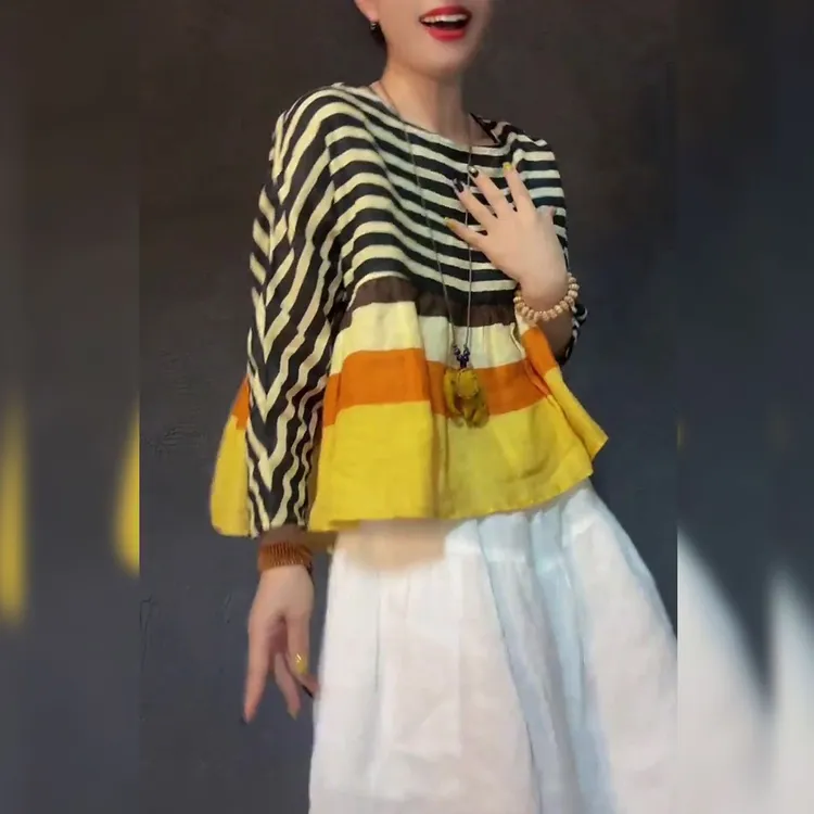 2025春秋季新款女士彩色条纹小衫时尚气质长袖t恤慵懒风宽松上衣