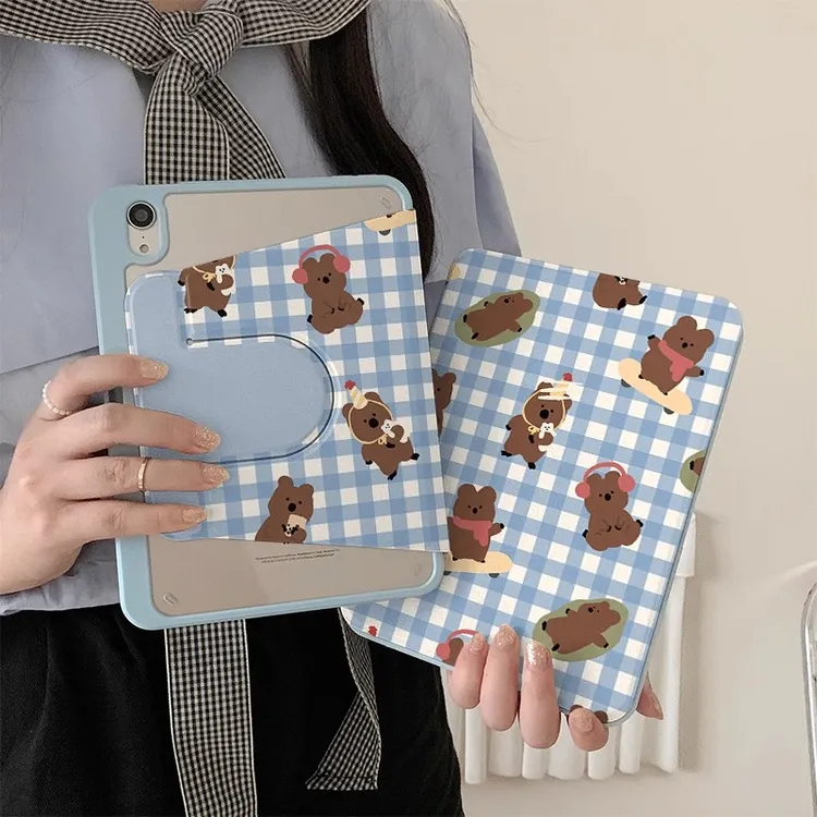 格纹柿子熊适用小米Pad7平板保护套11.2英寸旋转小米Pad6spro笔槽