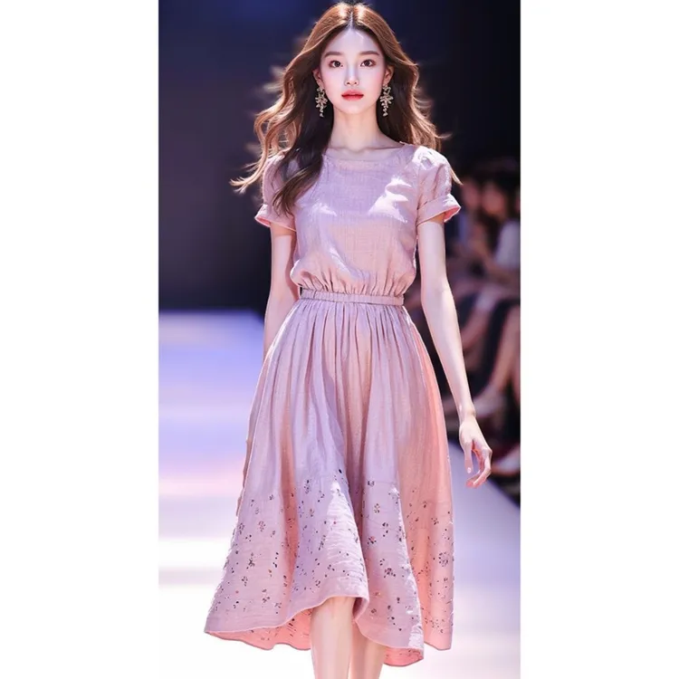 高端精致钓系约会遮肚子显瘦绝美奶fufu粉色连衣裙子女夏长裙