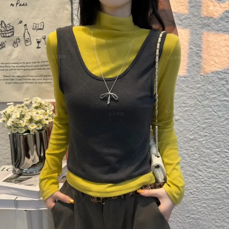 2025新款秋季半高领两件套长袖显瘦百搭韩版上衣女T恤
