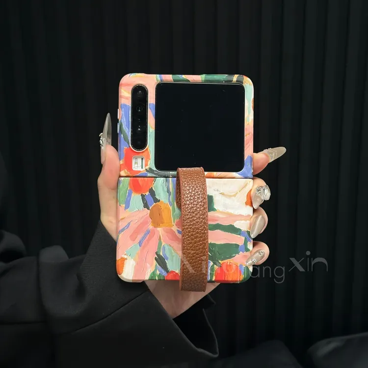 适用华为puraX折叠屏彩绘涂鸦带支架挂绳超薄pocket2创意手机壳潮