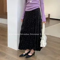 (晓晓家)秋冬洋气百搭碎花丝绒高腰显瘦褶皱半身长裙