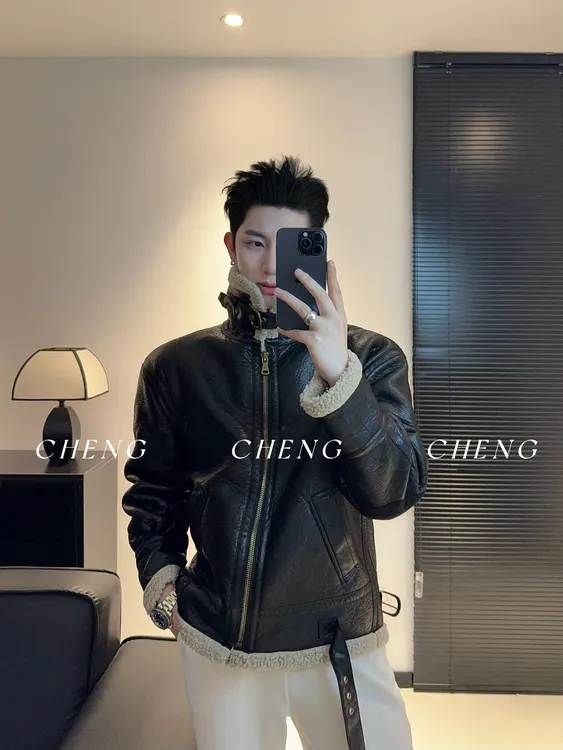 「程程的试衣间」高级感冬季皮毛一体男士夹克时尚百搭加厚潮流外套