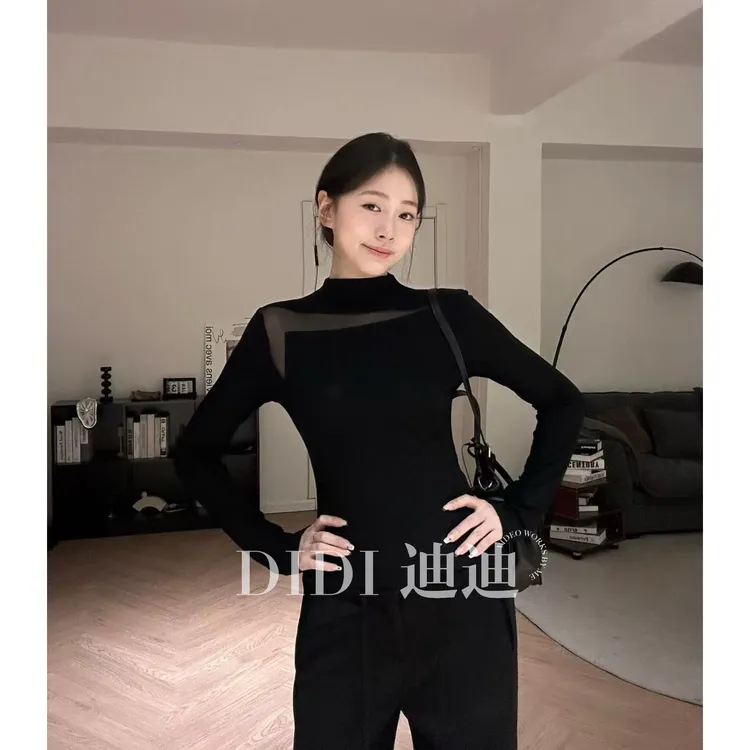 【DIDI】简约镂空网纱小众设计黑色长袖修身显瘦纯欲感百搭上衣T恤