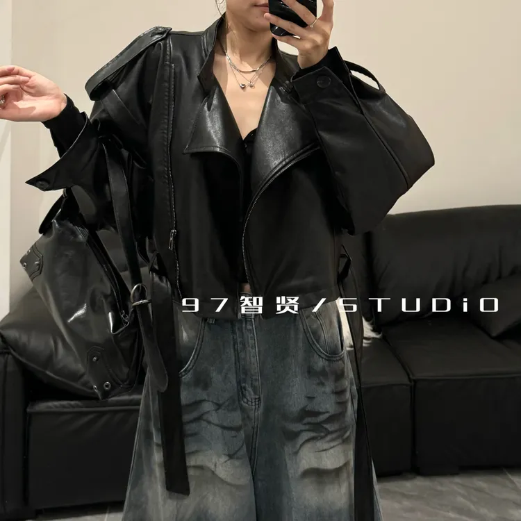 智贤 【短款长袖复古韩版翻领厚款常规西装领皮衣拉链外套】