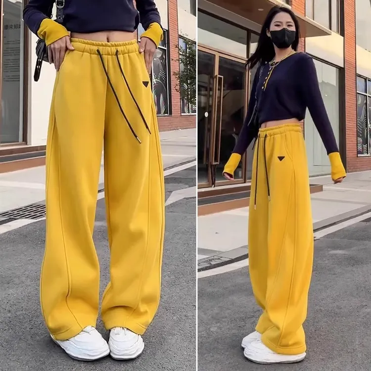欧货黄色阔腿卫裤女2025春秋宽松显瘦运动休闲2025年流行网红女裤
