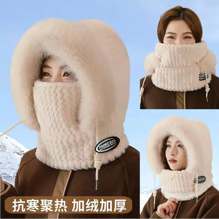 2025女冬时尚帽子围巾一体毛绒防风雪保暖套头可戴头盔骑车行帽子