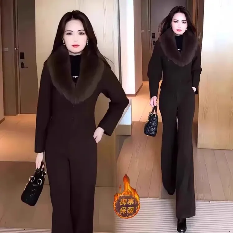 冬季新款气质时尚套装女士夹棉冬季新款加厚毛领外套阔腿裤两件套