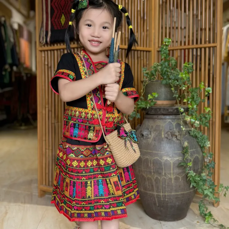 海南少数民族服饰黎锦服装黎族女孩筒裙套装百褶裙短袖上衣舞台女