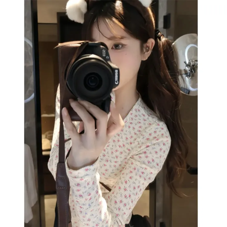 BM五粒扣粉色碎花华夫格长袖T恤女bm美式辣妹修身打底衫内搭上衣