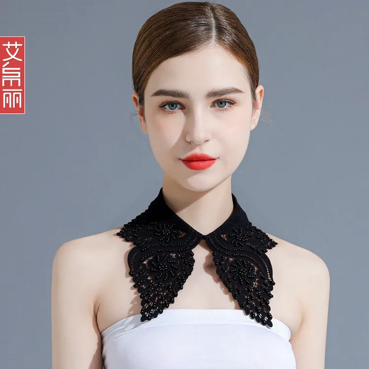 蕾丝订珠假领子秋冬季新款女衬衫装饰假衣领黑色衬衣领百搭假领子