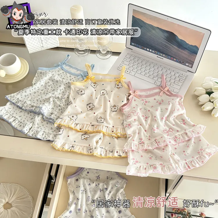 2025夏新款卡通印花吊带短裤套装家居无袖碎花慵懒公主薄款两件套