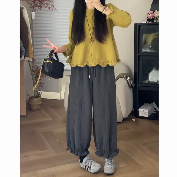 2025秋冬新款日系木耳边束脚花苞灯笼裤宽松垂坠感休闲阔腿裤女