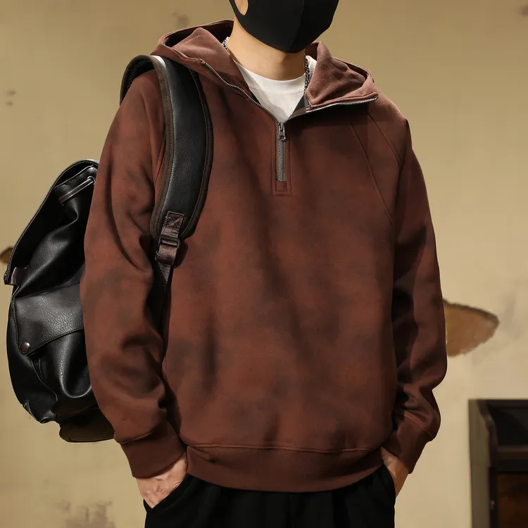 美式复古重磅350g连帽卫衣男士秋季新款潮牌宽松半拉链套头外套男