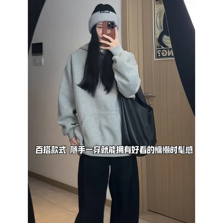 花灰色重磅硬挺男士帽衫美式简约百搭潮牌卫衣oversize休闲打底衫