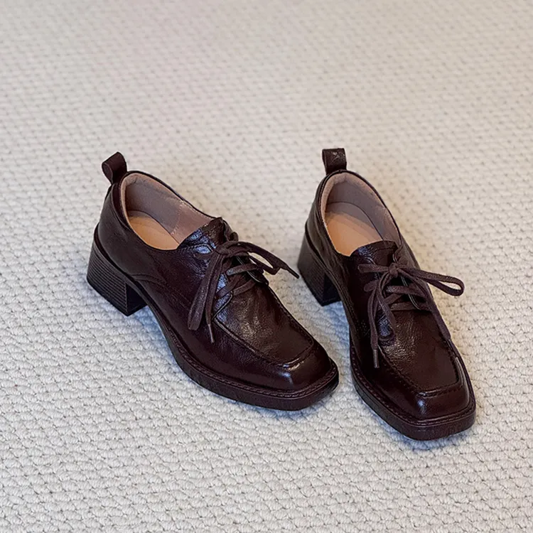 羊皮版~法式复古高跟粗跟系带乐福鞋女新款单鞋英伦风方头小皮鞋